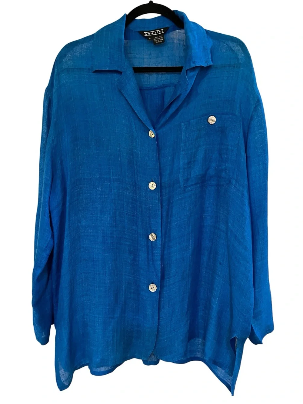 VINTAGE ANN MAY 100% LIGHTWEIGHT SILK BUTTON DOWN SHIRT BLUE SIZE LARGE